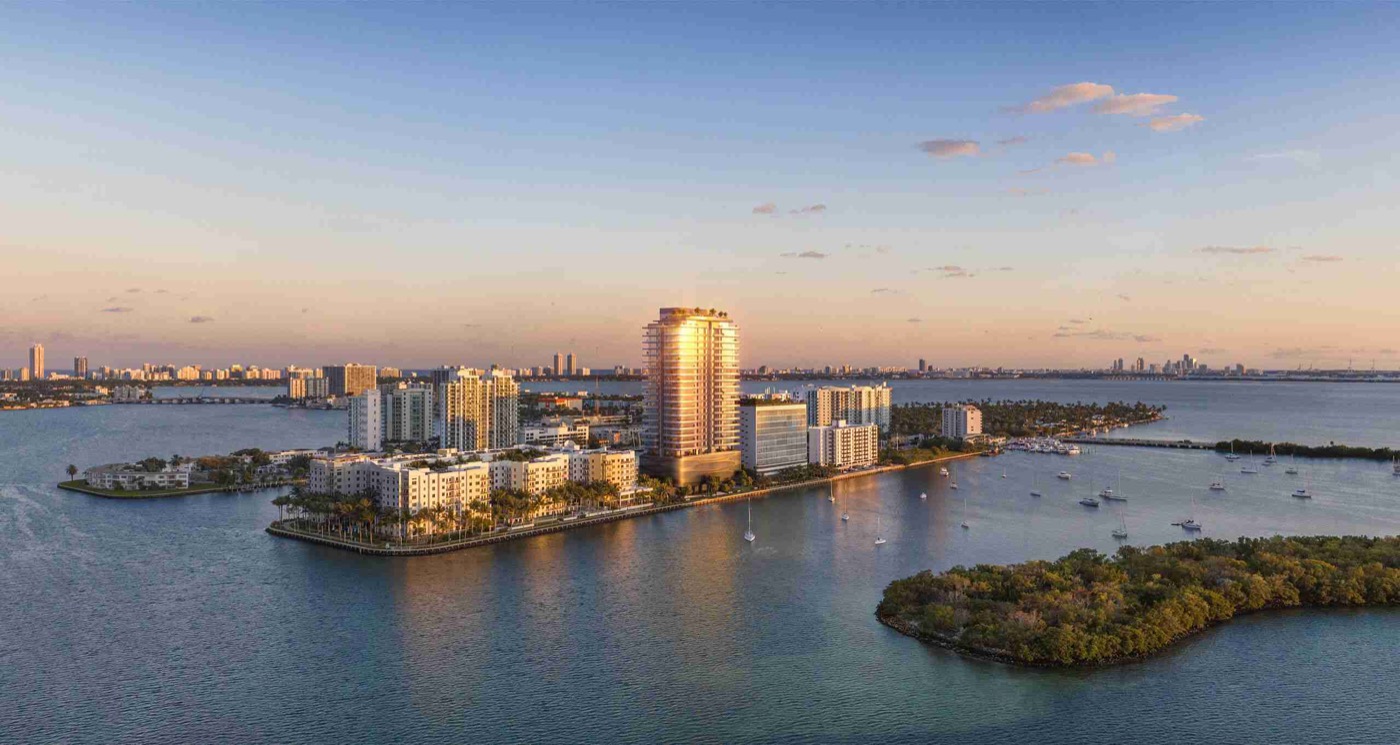 Pagani Residences twilight rendering of the 30-story waterfront tower in North Bay Village