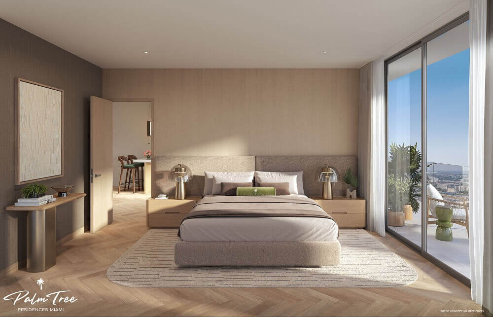 Palm Tree Residences Miami furnished residence interior rendering with private balcony