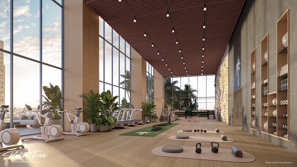 Palm Tree Residences Miami fitness center rendering, part of over 57,000 square feet of amenities