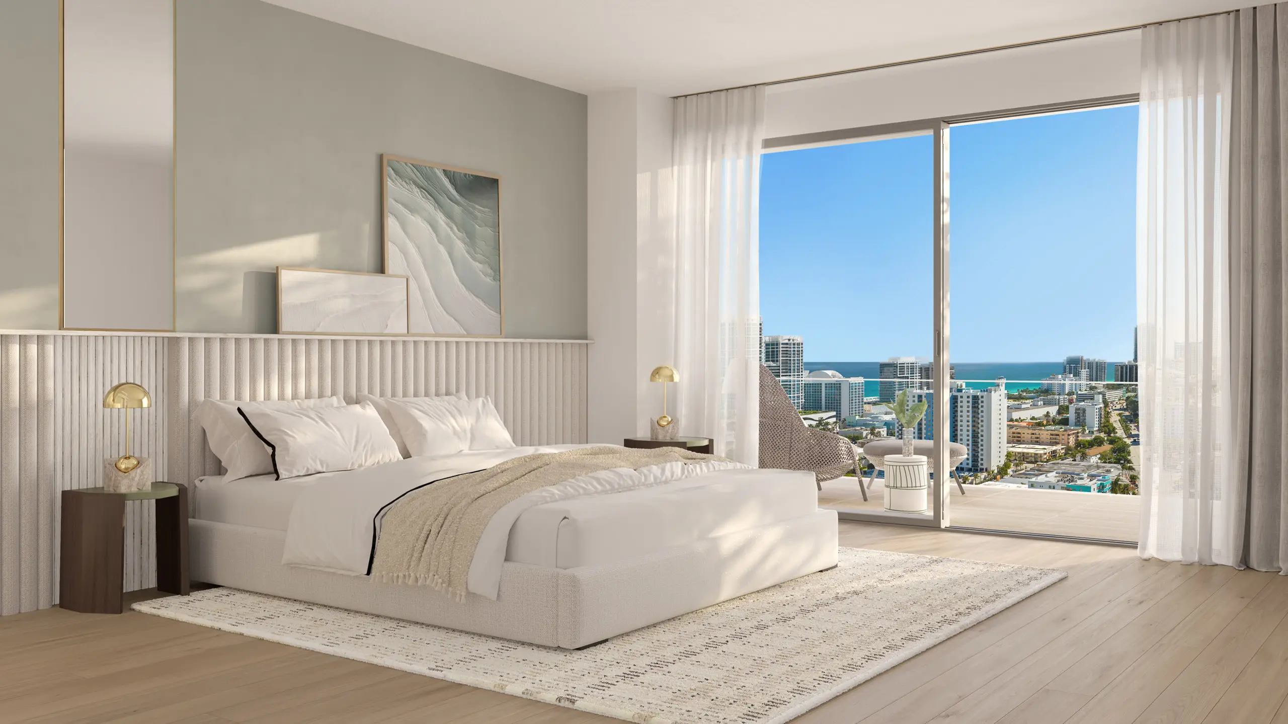 Palma Miami Beach furnished bedroom rendering with impact-resistant glass and Miami Beach views