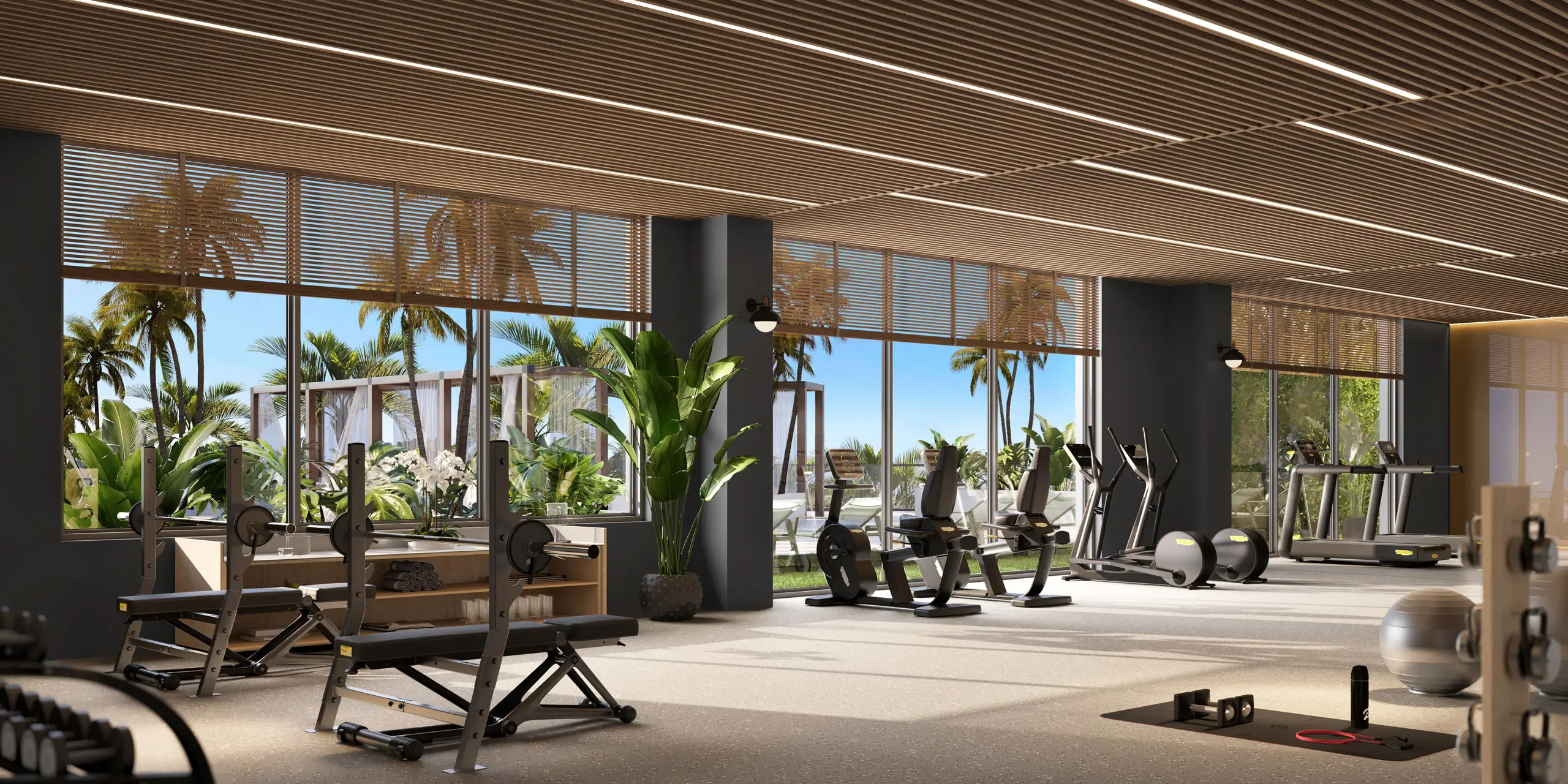 Palma Miami Beach Technogym-equipped fitness center rendering overlooking the pool