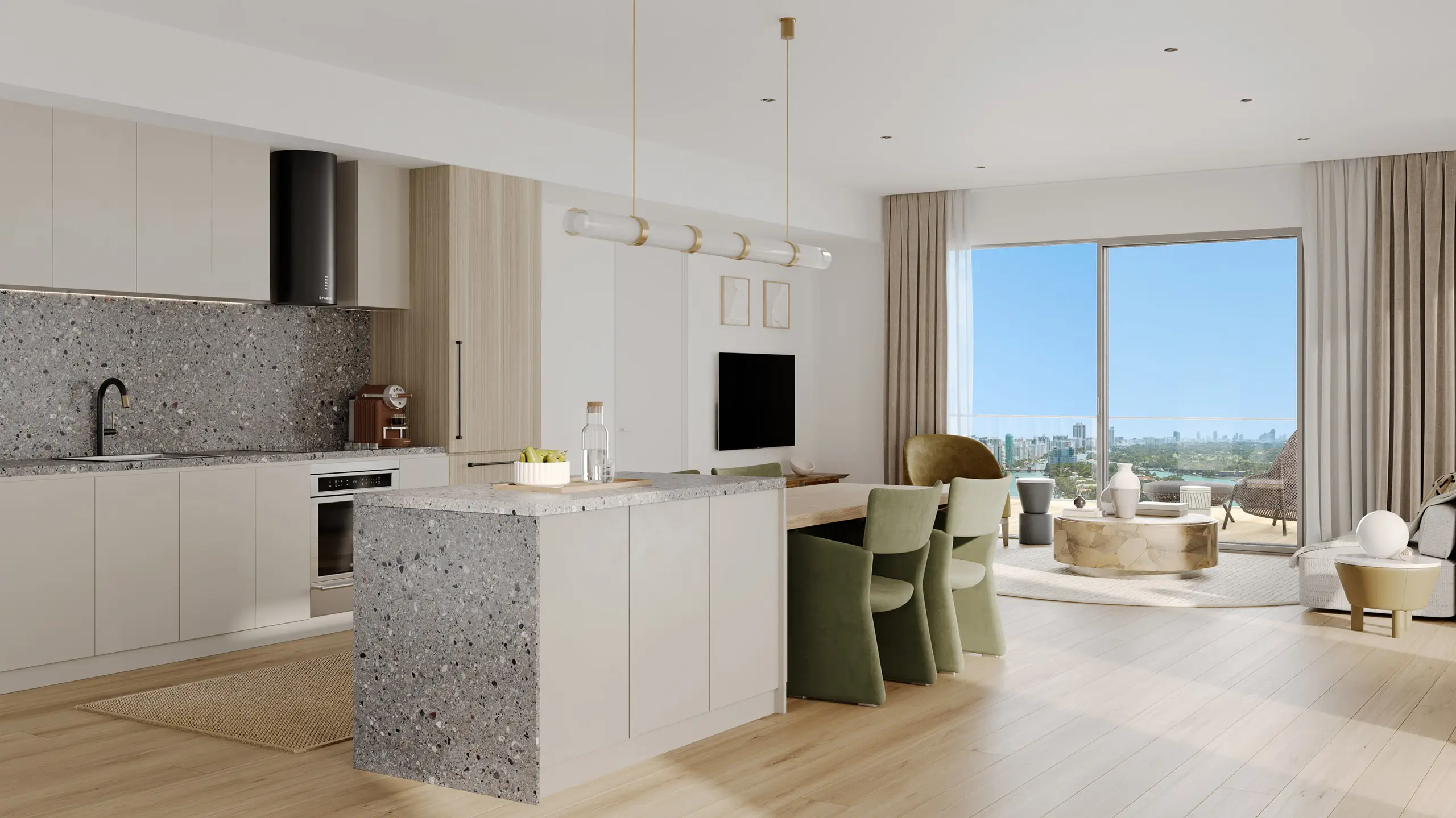 Palma Miami Beach furnished kitchen rendering with European cabinetry and Bosch appliances