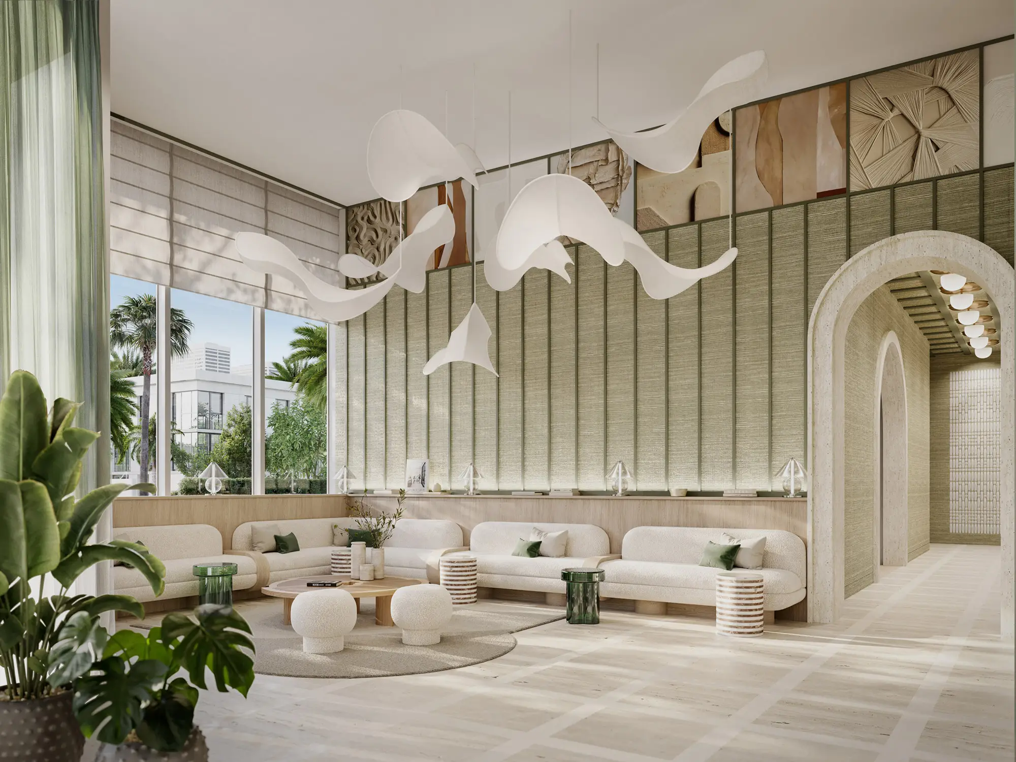 Palma Miami Beach double-height attended lobby rendering with floor-to-ceiling windows