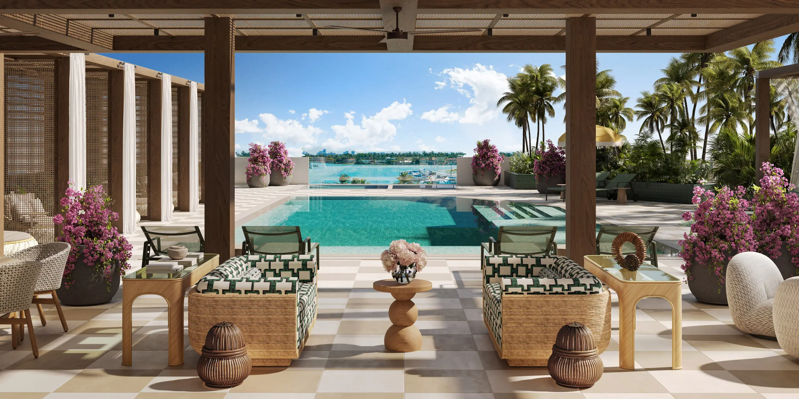 Palma Miami Beach rendering of the resort-style pool terrace with cabanas at 600 71st Street, North Beach