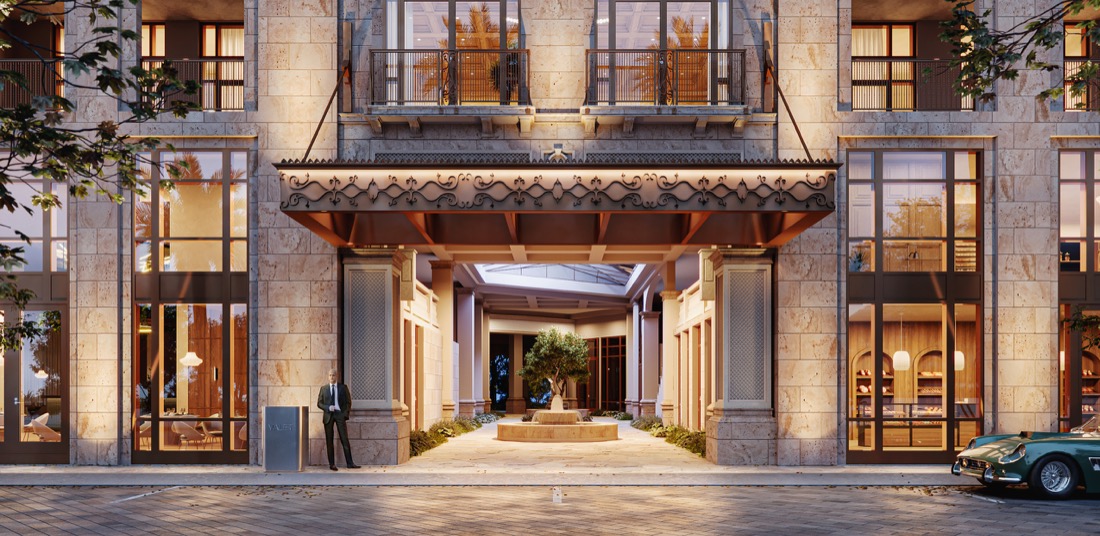 Ponce Park Residences amenity space rendering overlooking Ponce Circle Park in Coral Gables