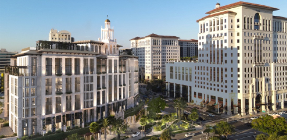 Ponce Park Residences street-level rendering, Mediterranean-influenced facade with pedestrian arcade at 3000 Ponce de Leon Boulevard, Coral Gables