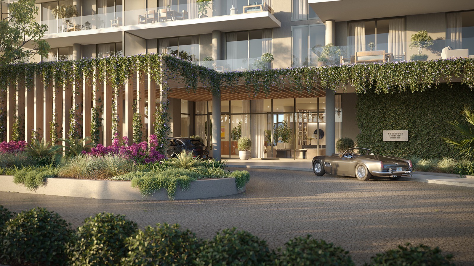 Porte cochere arrival rendering at Rosewood Residences Hillsboro Beach with landscaped drive and covered entry