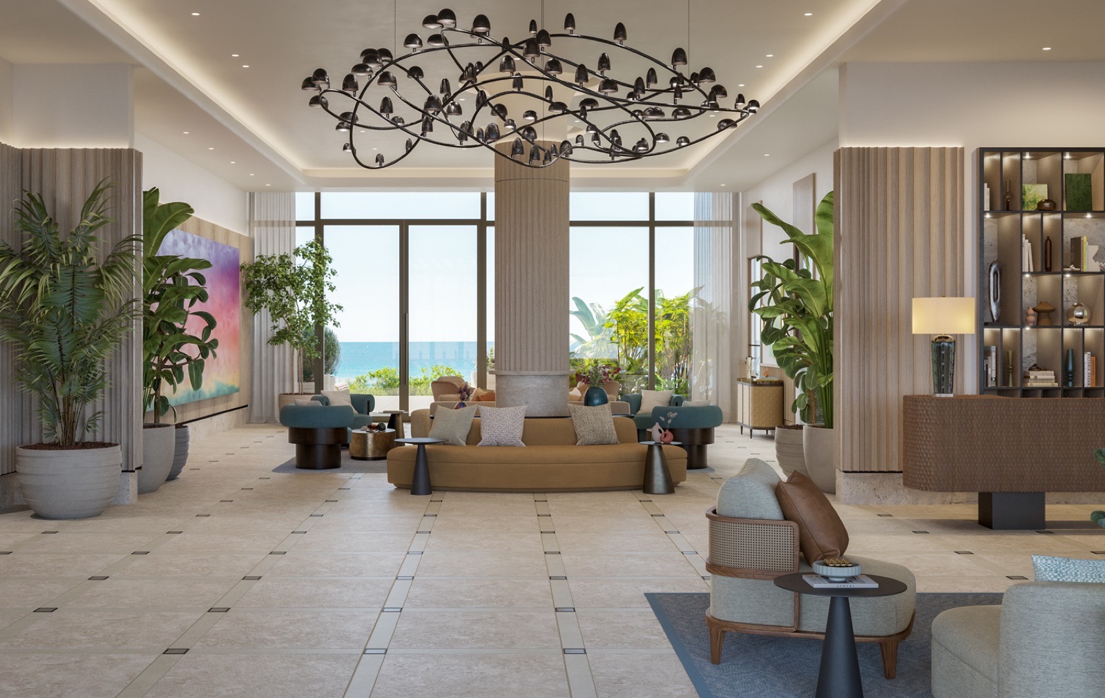 Lobby rendering at Rosewood Residences Hillsboro Beach designed by Studio Piet Boon with open lounge seating