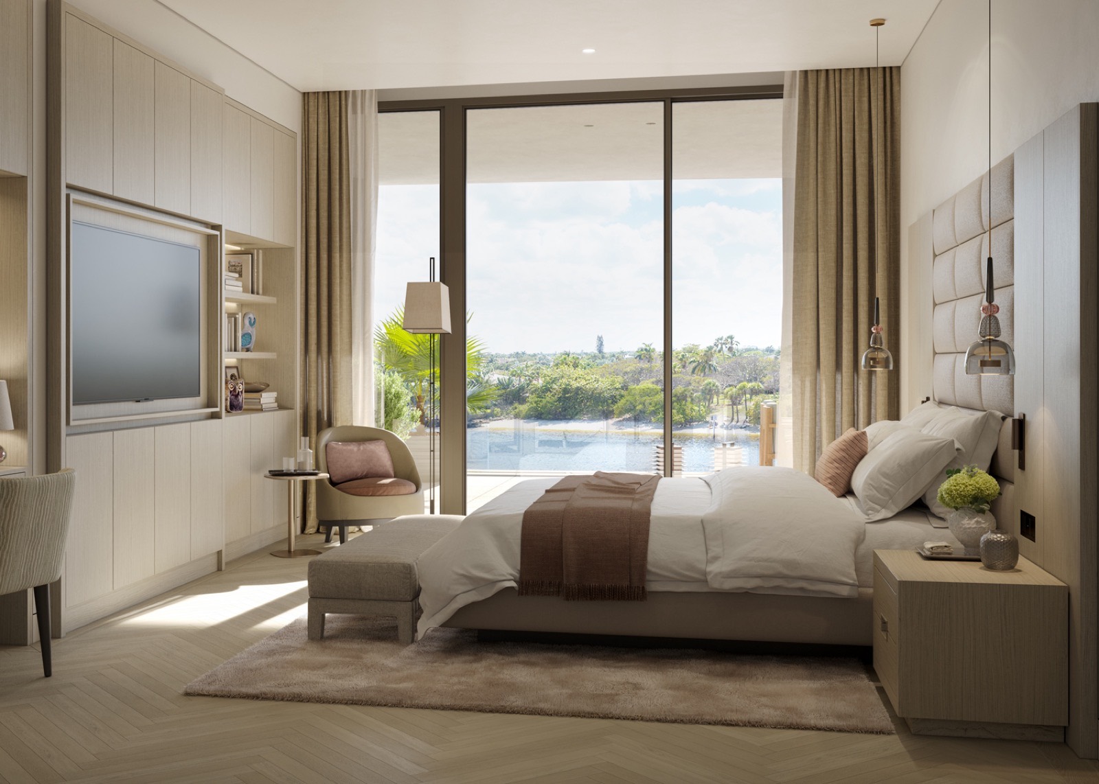 Primary bedroom rendering at Rosewood Residences Hillsboro Beach with water views and European wood detailing
