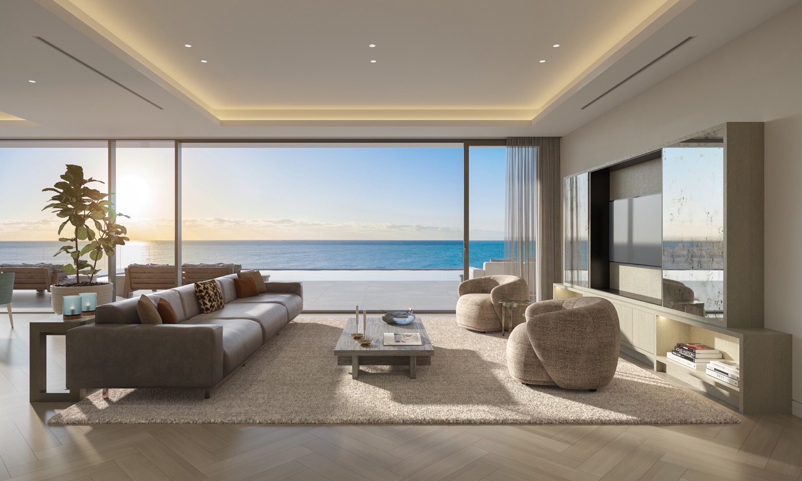 Family room interior rendering at Rosewood Residences Hillsboro Beach with floor-to-ceiling glass opening to a terrace above the Atlantic