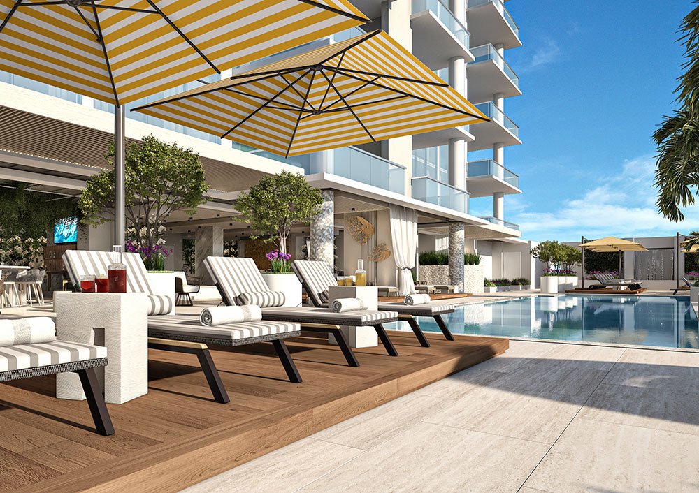 Salato Pompano Beach oceanview pool deck with loungers and covered open-air amenity space