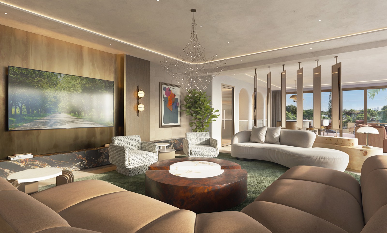 Seventeen Gables amenity lounge rendering with seating and kitchen area, Coral Gables