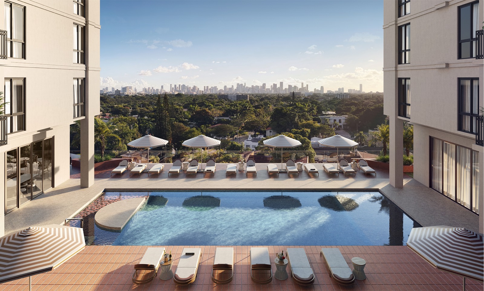 Seventeen Gables Coral Gables pool deck rendering with lounge seating and landscaped terrace