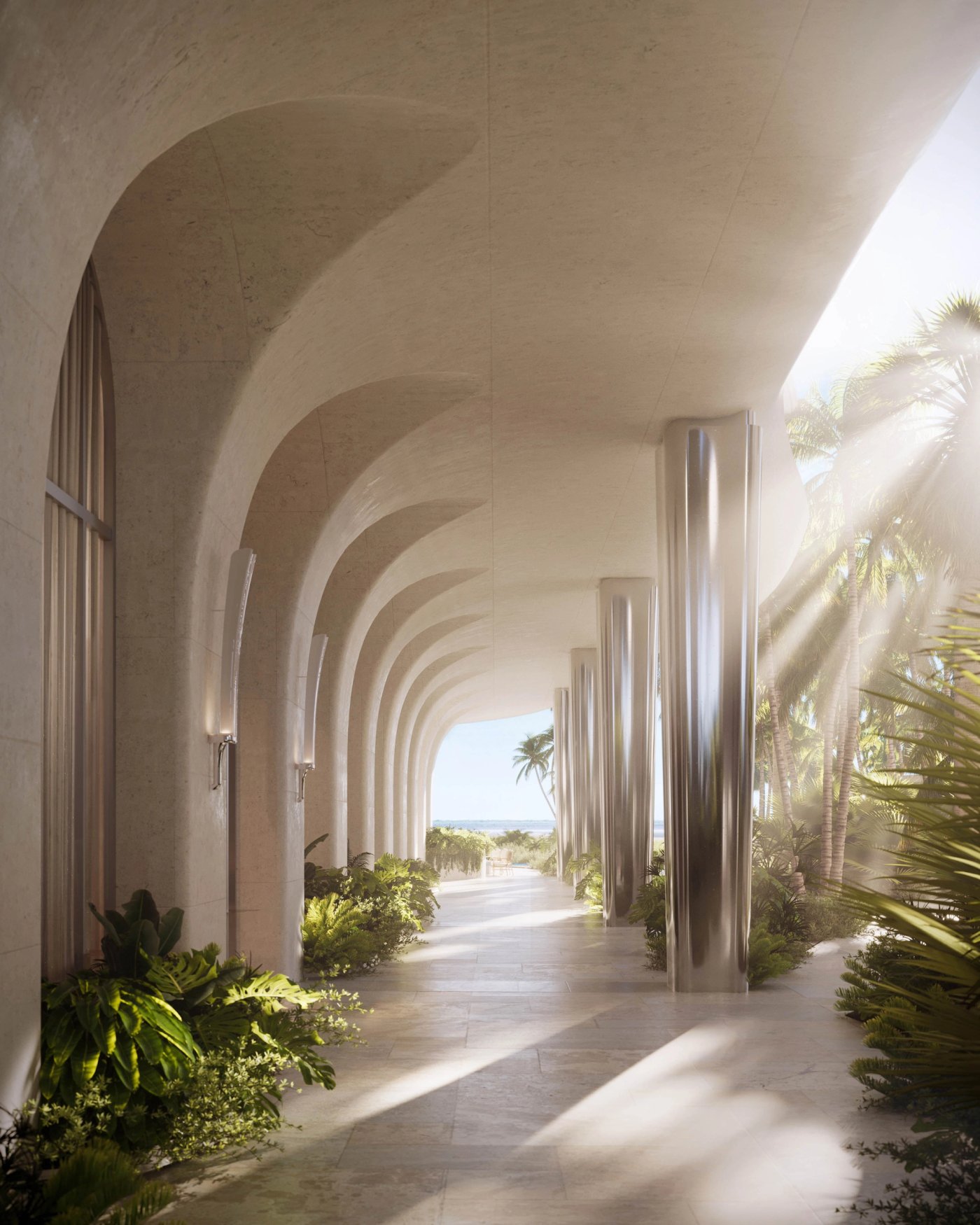 Shore Club Private Collection colonnade rendering with sculptural columns leading to the beach