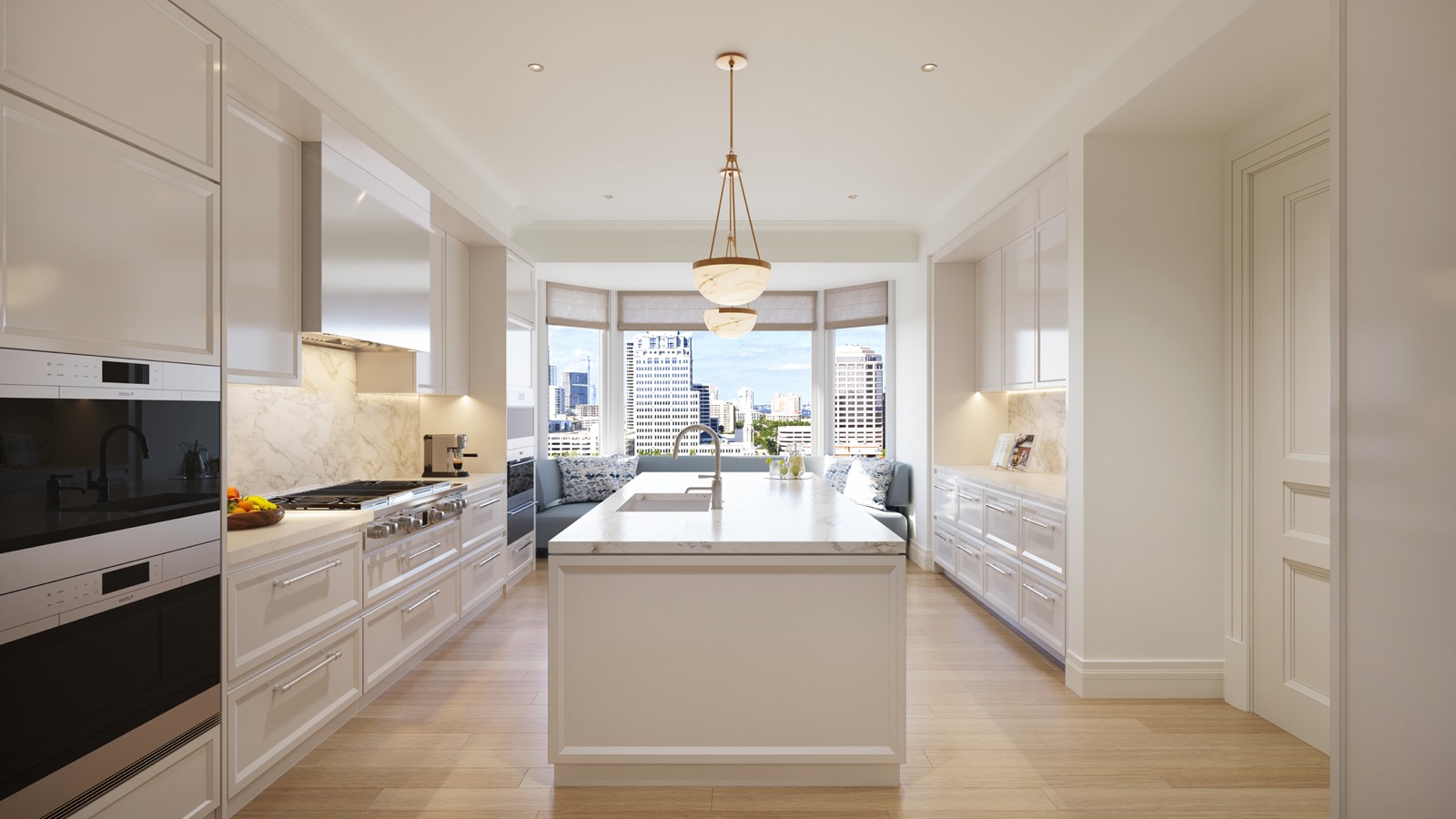 South Flagler House 12th floor kitchen rendering with open plan layout and custom cabinetry