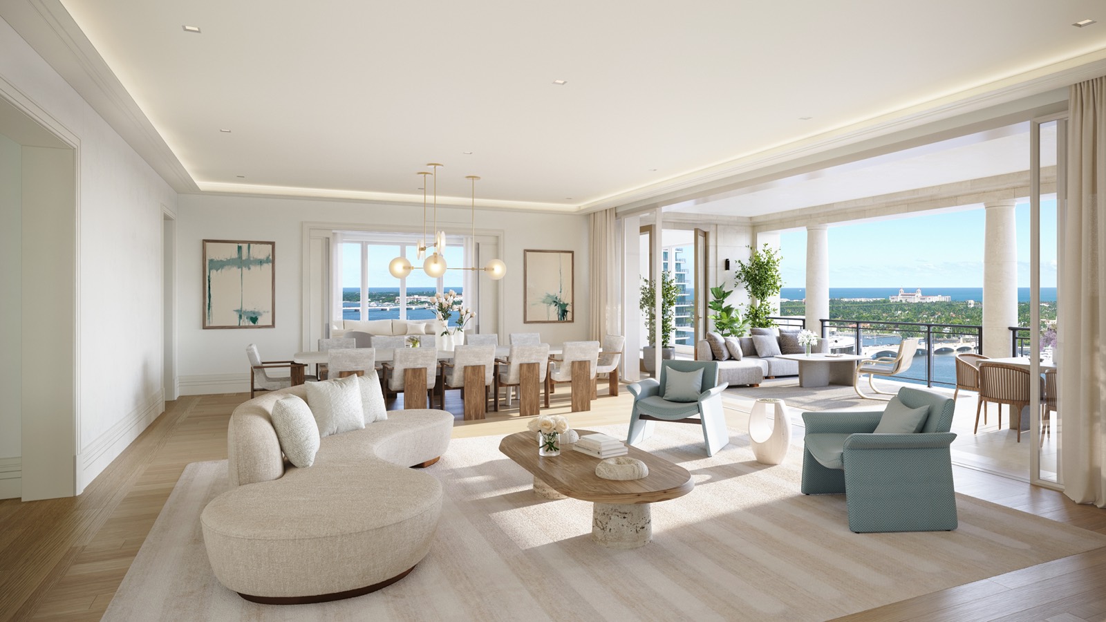 South Flagler House 17th floor living room rendering with floor-to-ceiling windows and Pembrooke and Ives interiors