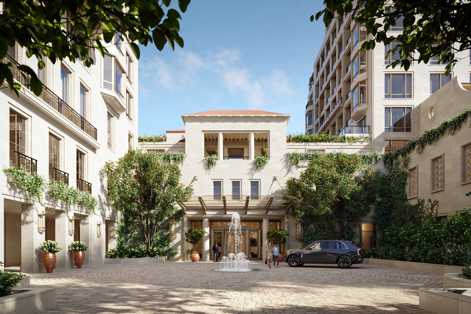 South Flagler House motor court entrance rendering with landscaping and porte cochere in West Palm Beach
