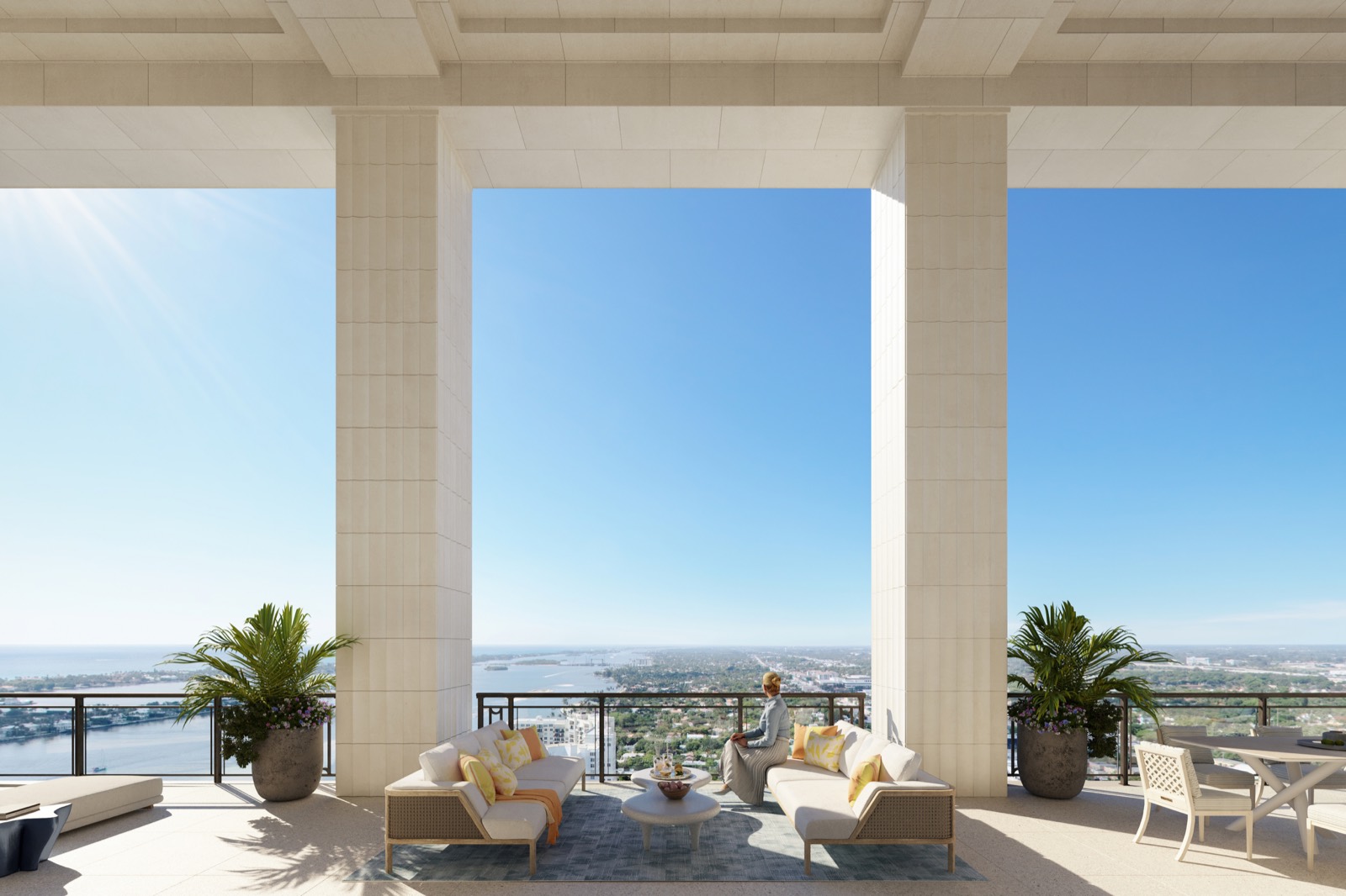 South Flagler House penthouse terrace rendering with double-height columns overlooking Palm Beach Island