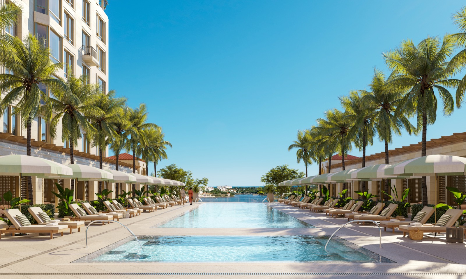 South Flagler House lakefront pool deck rendering with cabanas and Intracoastal views in West Palm Beach