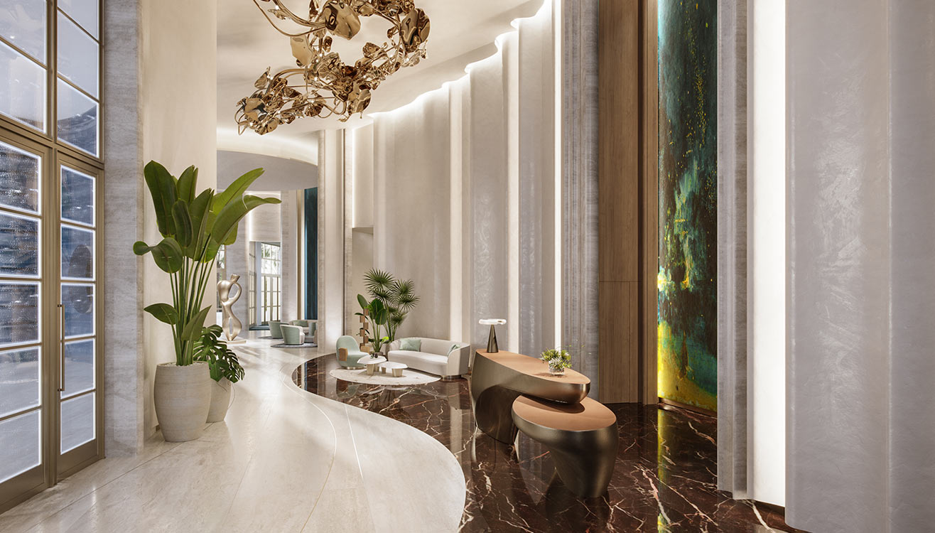 St. Regis Residences grand lobby with designer furnishings and marble finishes