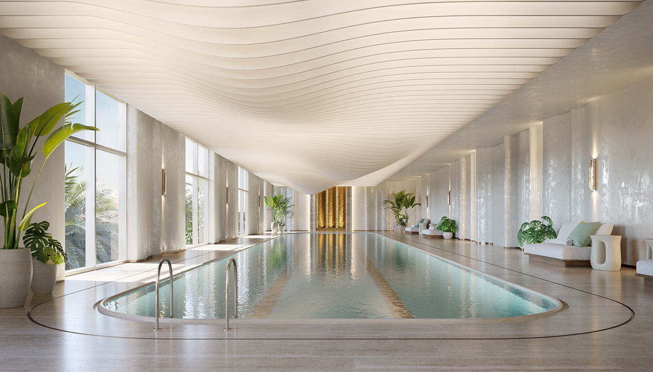 St. Regis Residences resort-style pool deck with cabanas and bay views