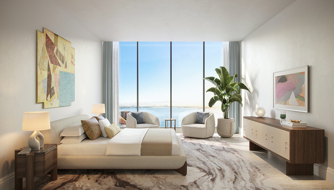 St. Regis Residences master bedroom with floor-to-ceiling windows and water views