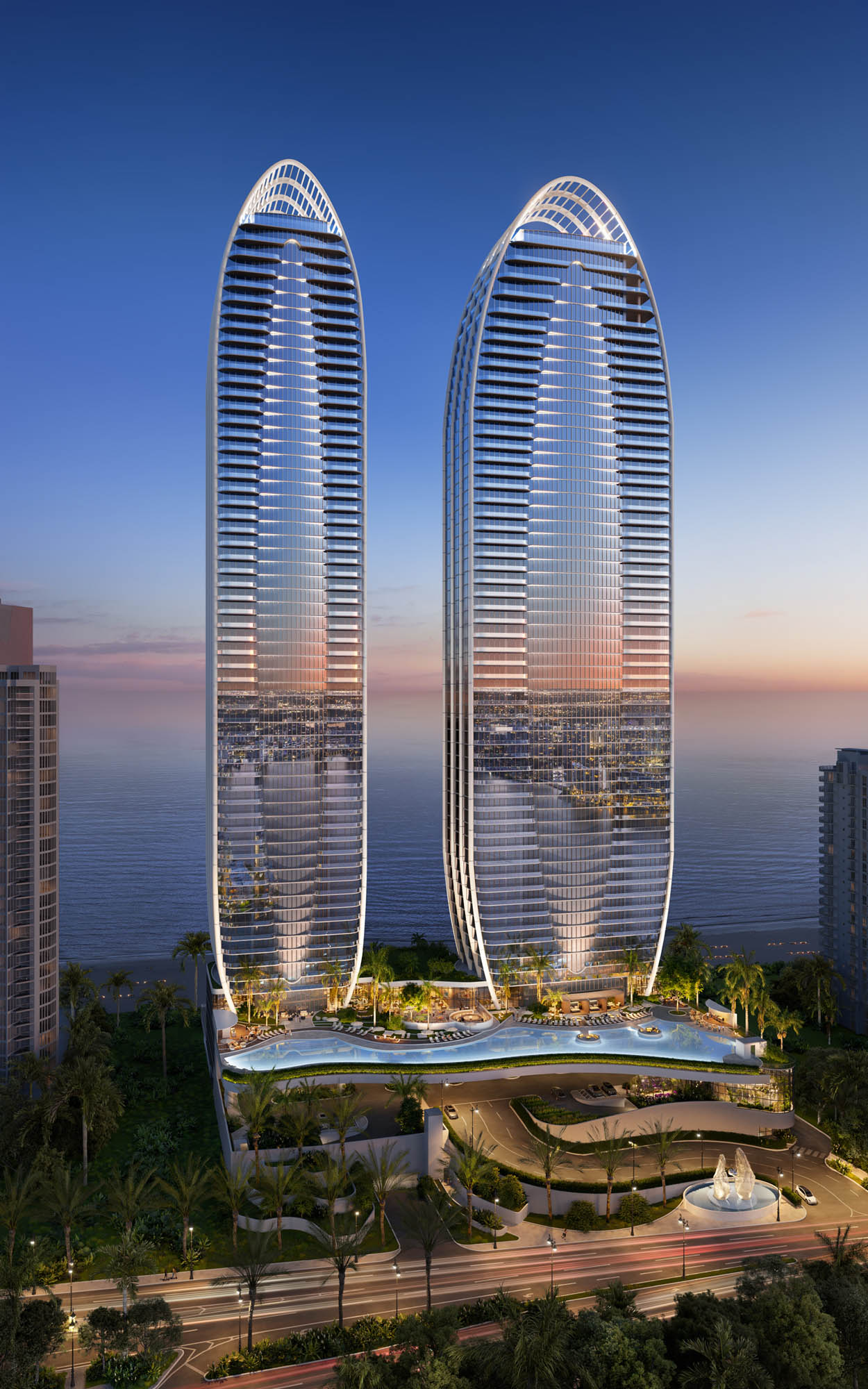 St. Regis Residences Sunny Isles Beach tower exterior rendering at dusk, elliptical Arquitectonica facade above the Atlantic