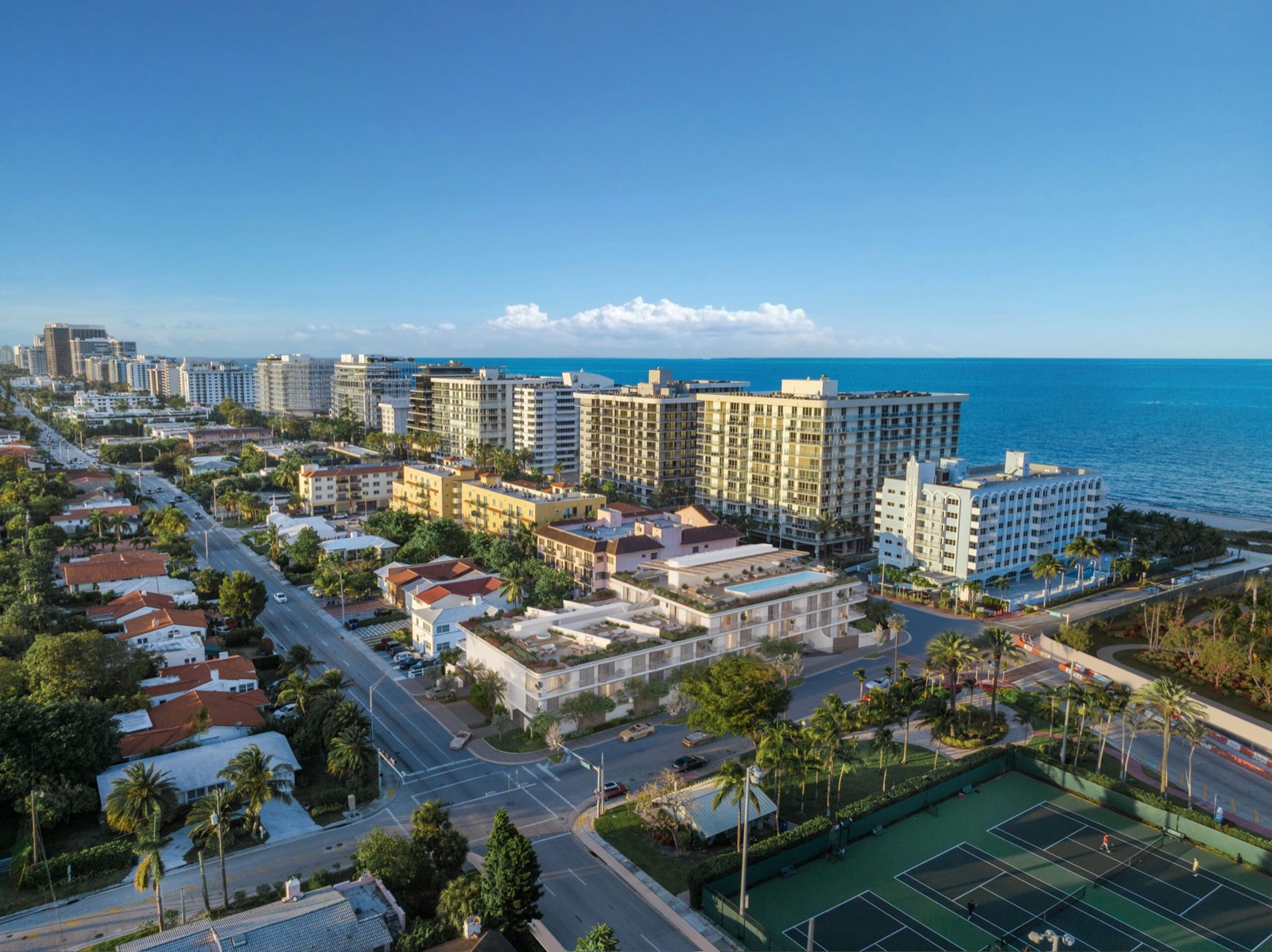 Surf Row Residences aerial rendering showing the building in Surfside near the Atlantic shoreline
