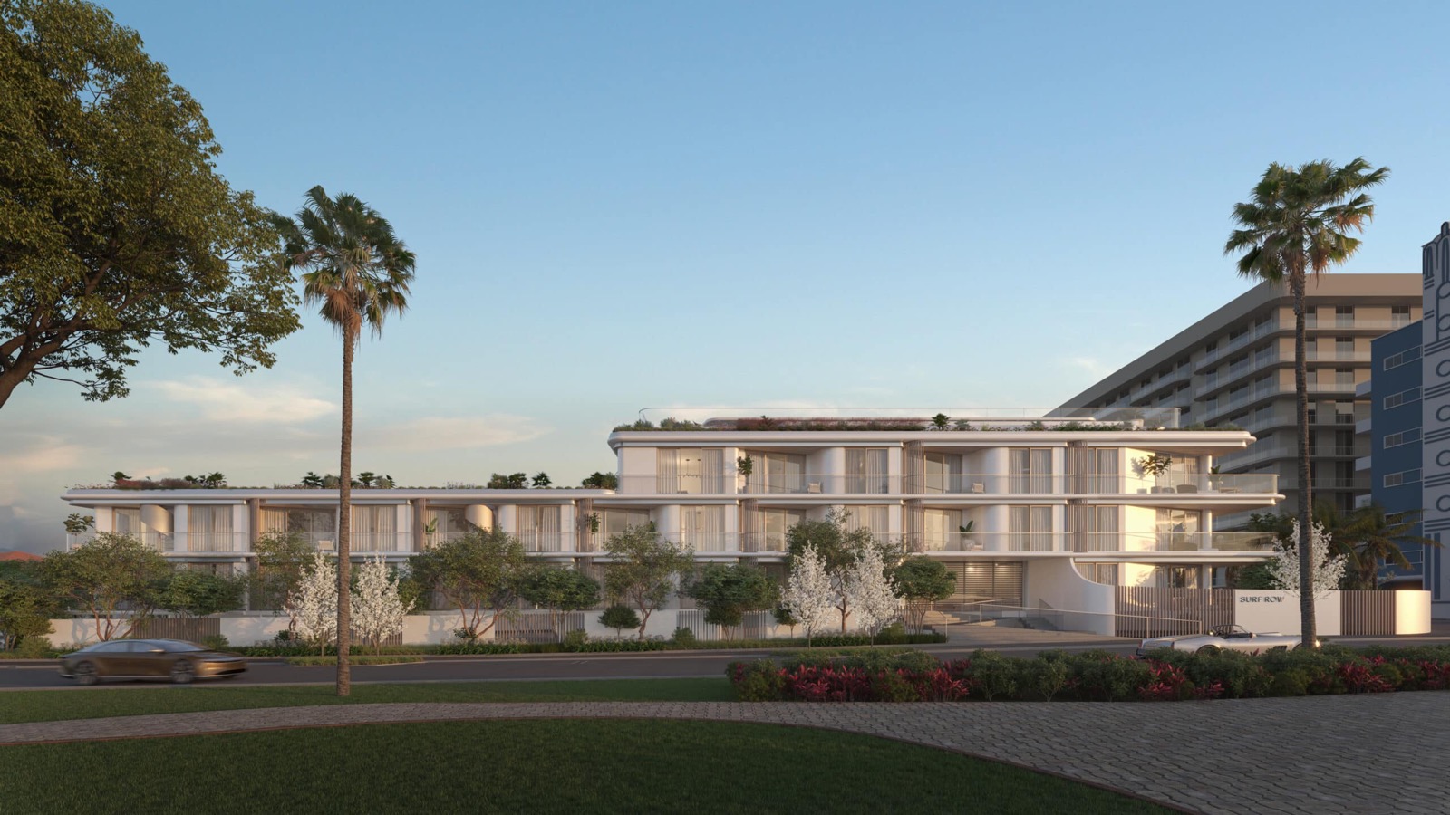 Surf Row Residences official rendering, south facade at 8800 Collins Avenue in Surfside