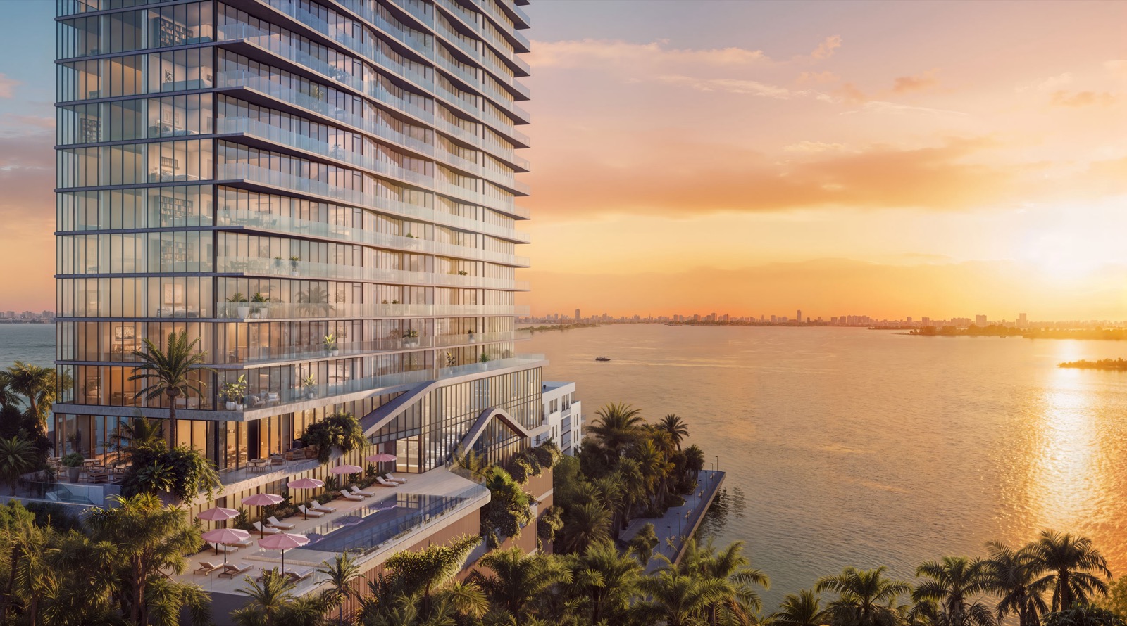 The Cove Residences official developer rendering, 40-story Edgewater tower on the Biscayne Bay waterfront at sunset