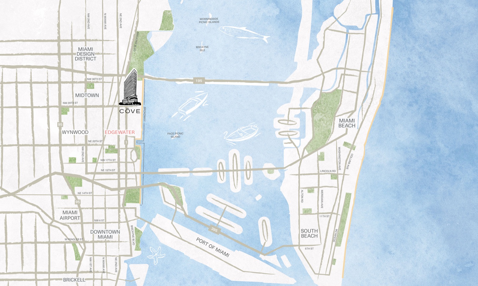 The Cove Residences Edgewater neighborhood map showing Wynwood, the Design District, Downtown Miami and Biscayne Bay