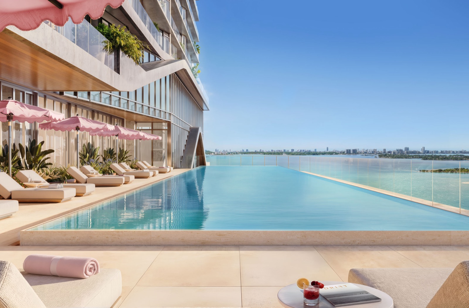 The Cove Residences resort-style infinity pool deck rendering overlooking Biscayne Bay
