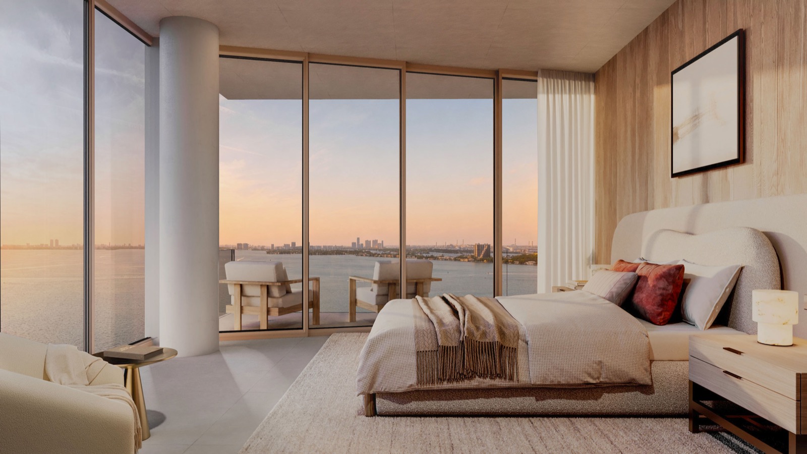 The Cove Residences primary bedroom rendering with floor-to-ceiling glass and terrace access