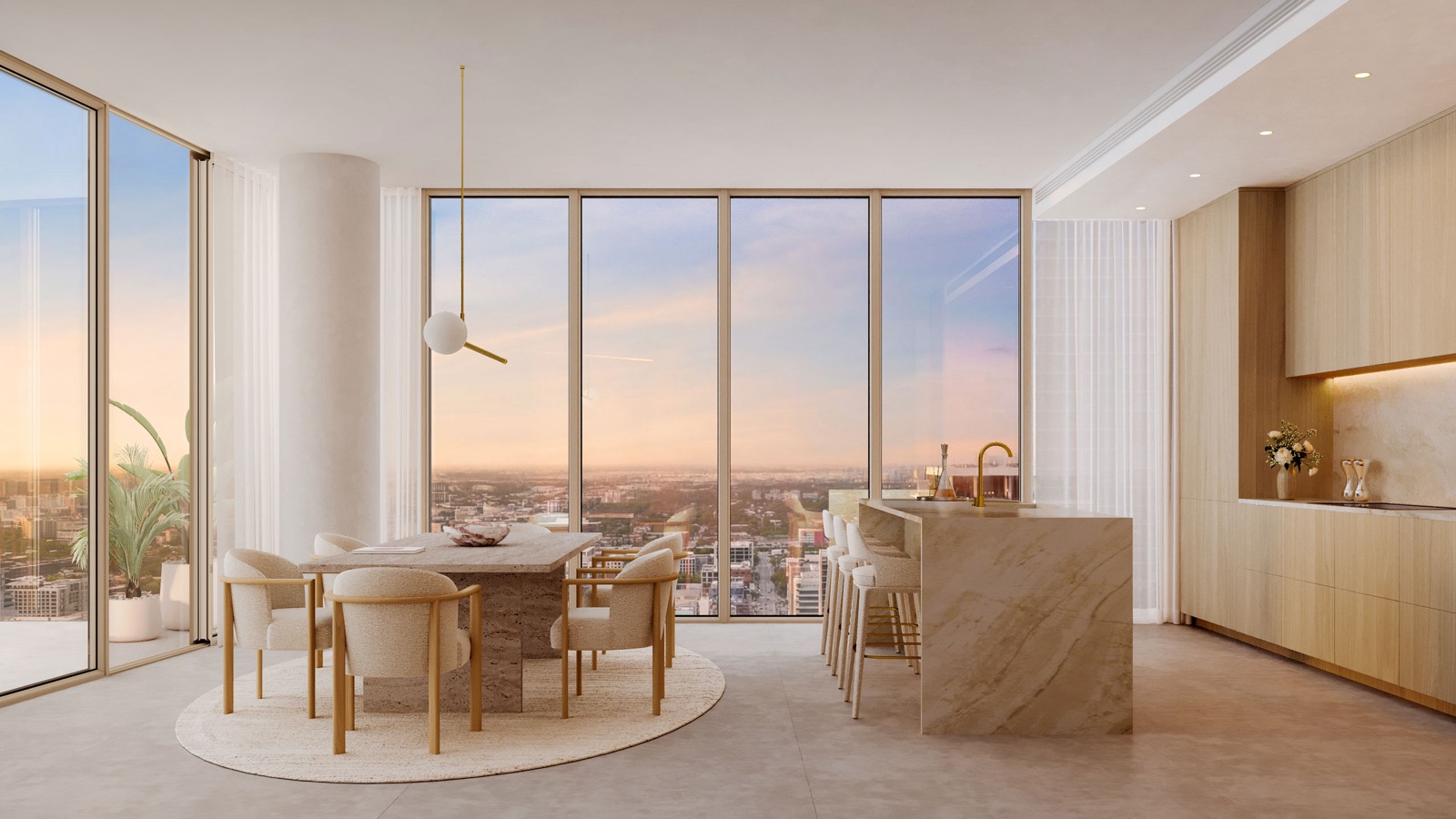 The Cove Residences kitchen and living room rendering with floor-to-ceiling glass and bay views