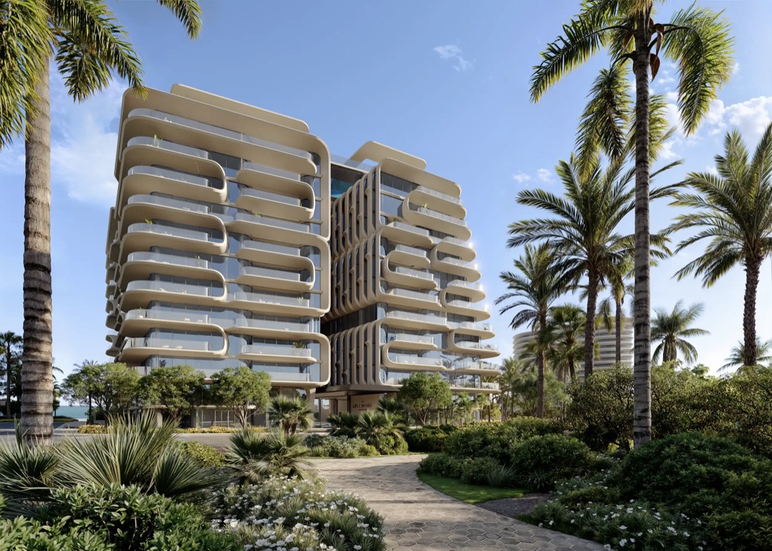 The Delmore facade rendering, Zaha Hadid Architects oceanfront condominium at 8777 Collins Avenue, Surfside