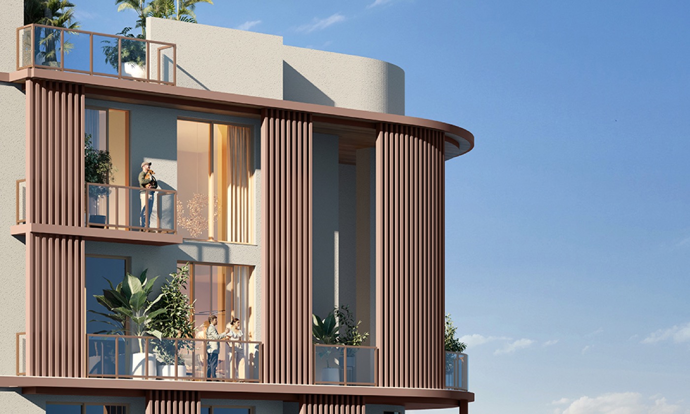 Render de terraza privada de The Lincoln Coconut Grove con barandas de vidrio y vista al skyline de Brickell