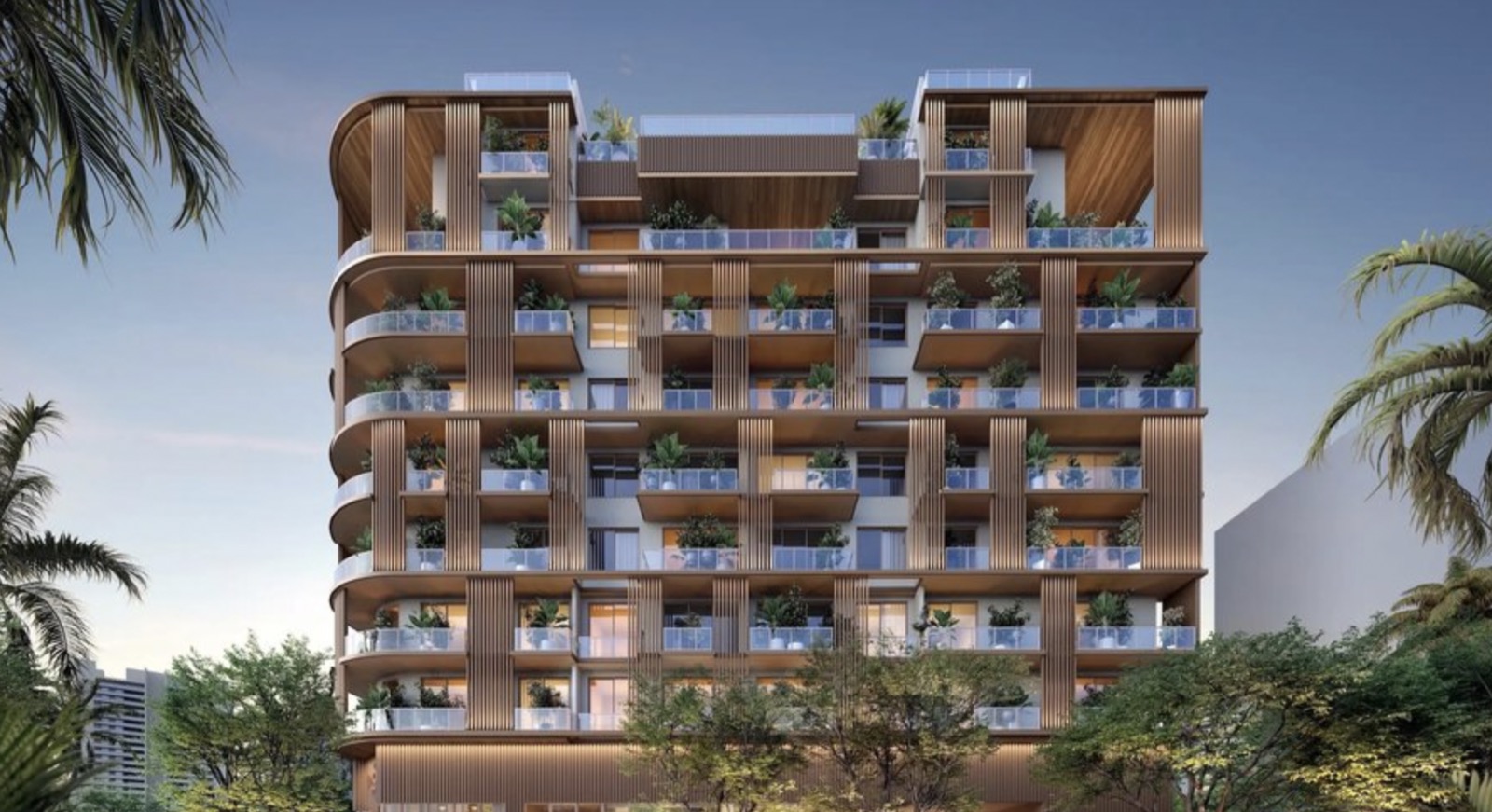 Render del edificio The Lincoln Coconut Grove a nivel de calle, condominio boutique de ocho pisos en 2650 Lincoln Avenue