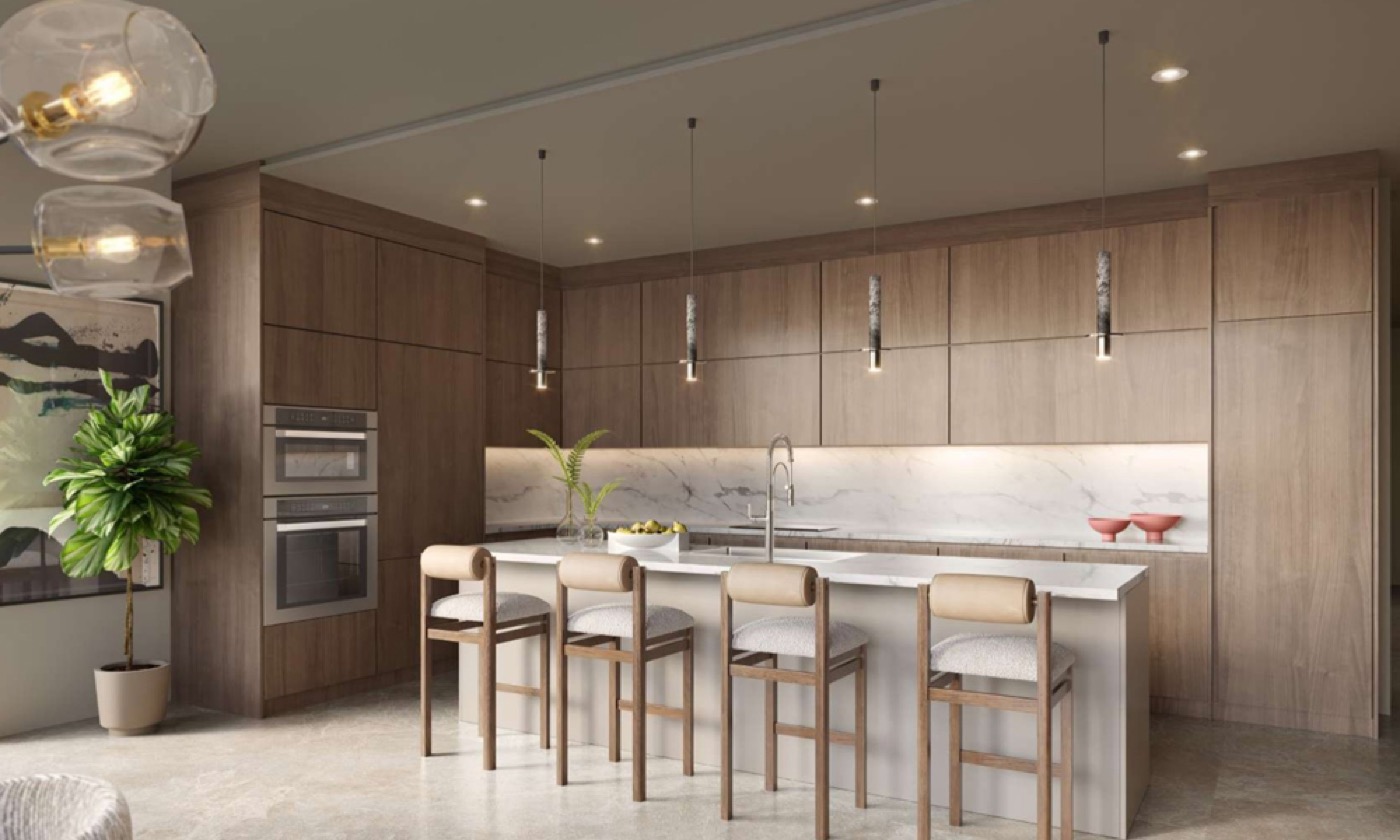 Render de cocina de The Lincoln Coconut Grove con gabinetes italianos Snaidero, isla de cuarzo y electrodomésticos Miele