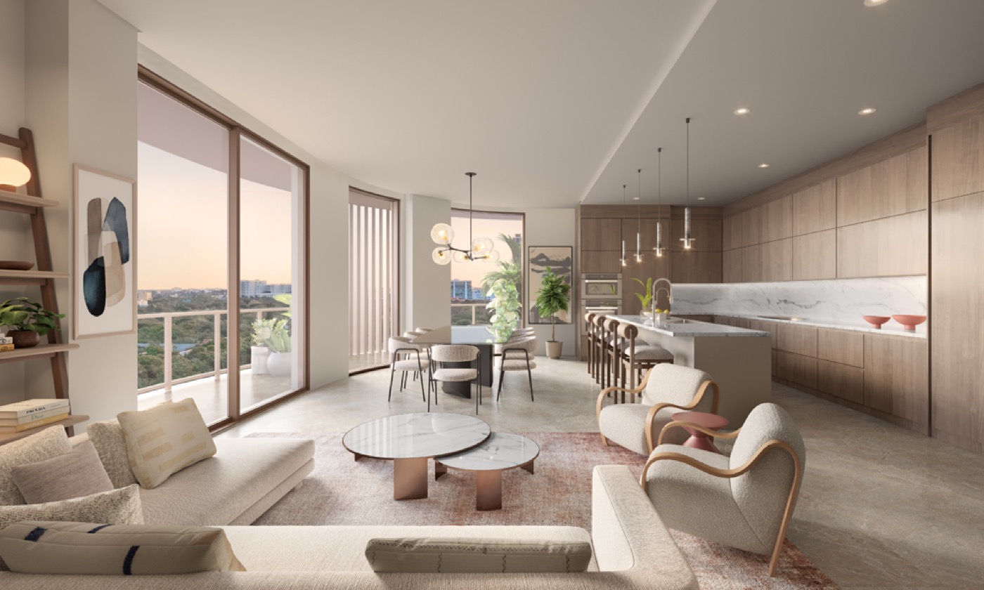 Render de la sala de The Lincoln Coconut Grove con pisos de porcelanato y vidrio de piso a techo