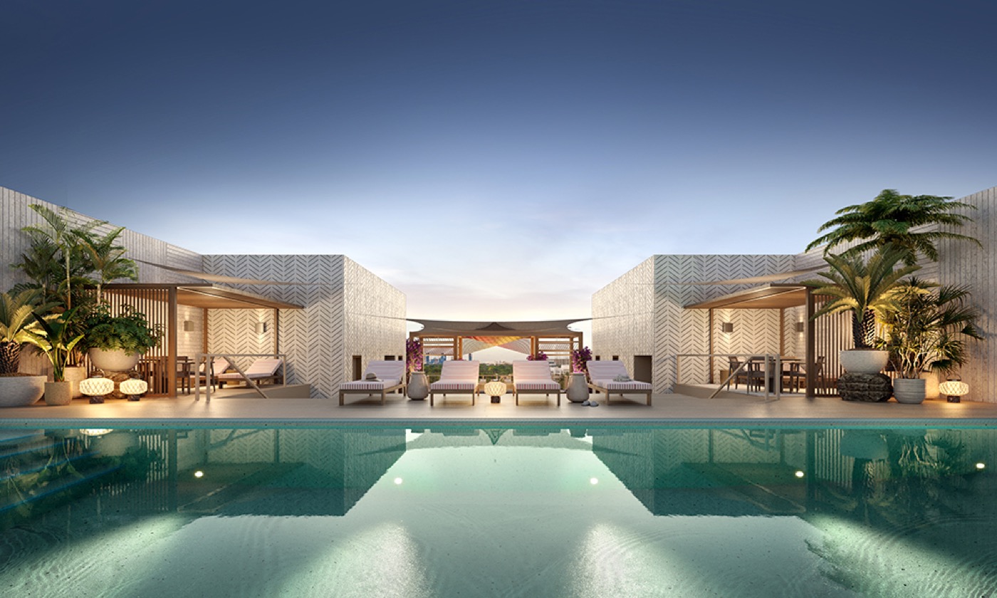 Render de la piscina en la azotea de The Lincoln Coconut Grove al atardecer con cabañas cubiertas y terraza de observación