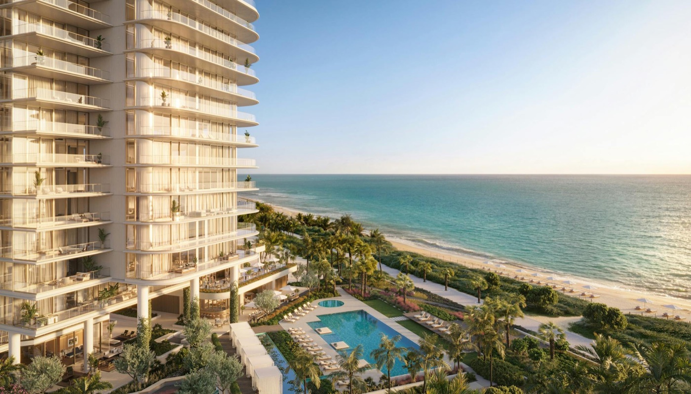 Renderização da frente de praia do The Perigon Miami Beach, torre à beira-mar projetada pela OMA sobre a areia na 5333 Collins Avenue, Mid-Beach