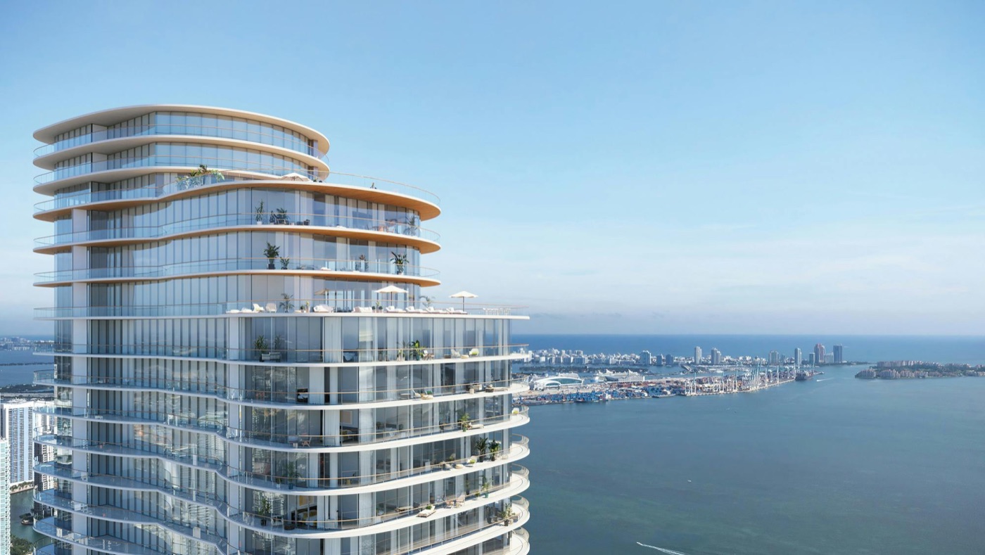 Renderização da coroa e dos andares superiores da torre em formato de diamante da OMA no The Perigon Miami Beach ao entardecer