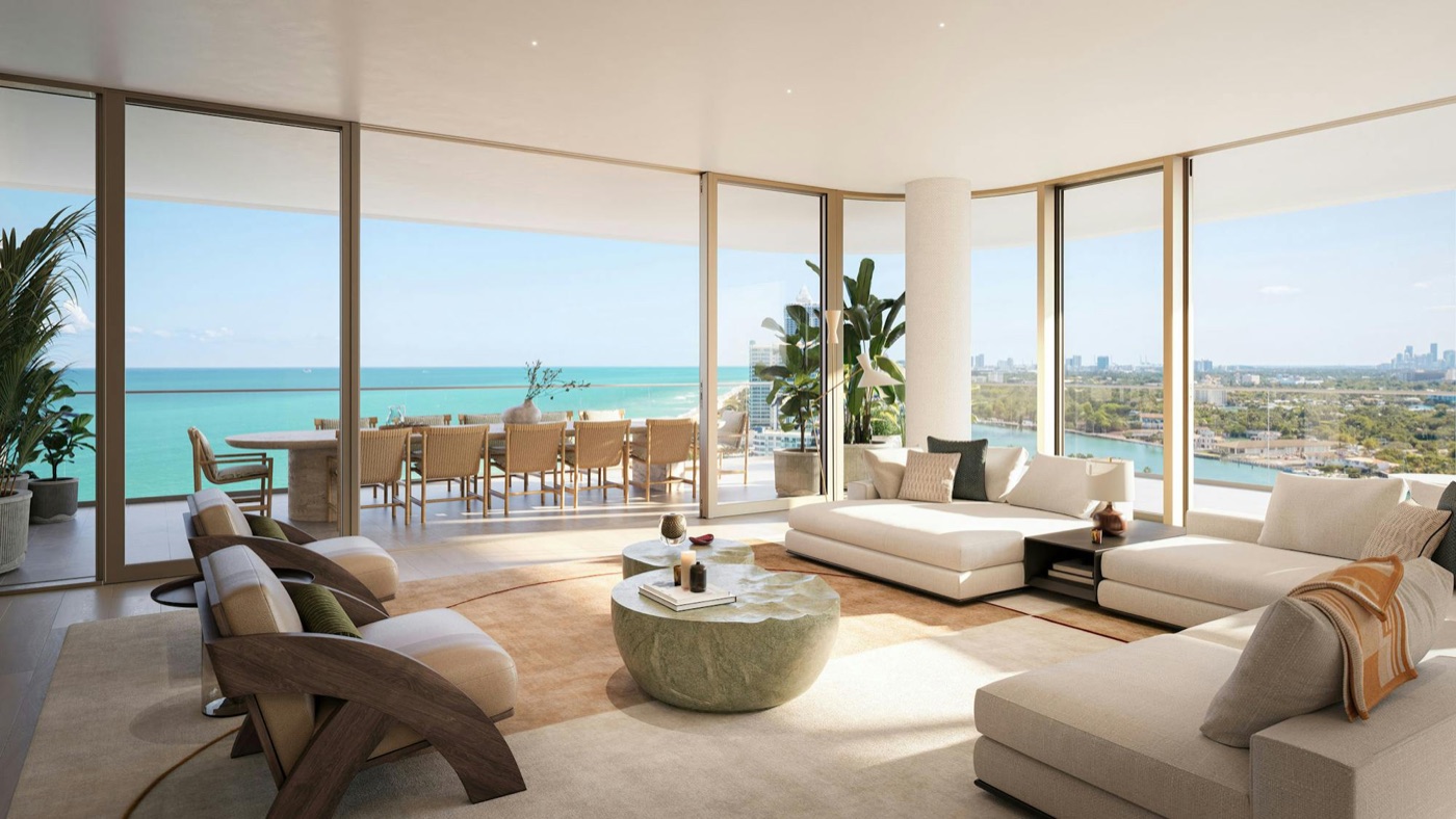 Renderização da grande sala dentro de uma residência do The Perigon Miami Beach com interiores de Tara Bernerd e vistas para o mar