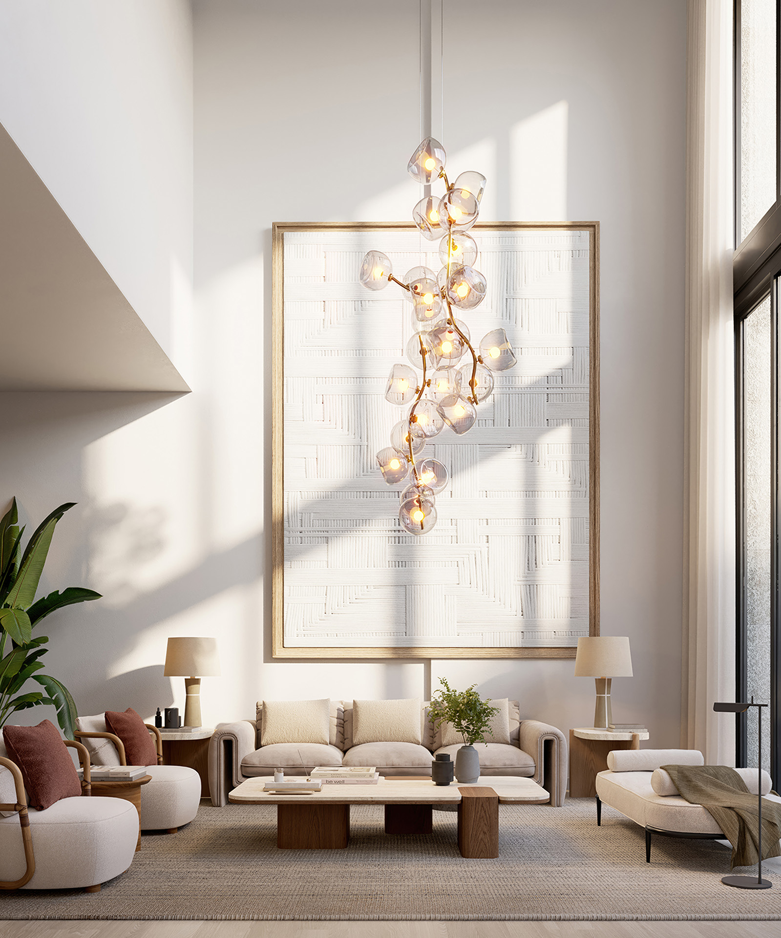 THE WELL Coconut Grove loft living room rendering with double-height window wall and 22-foot ceilings