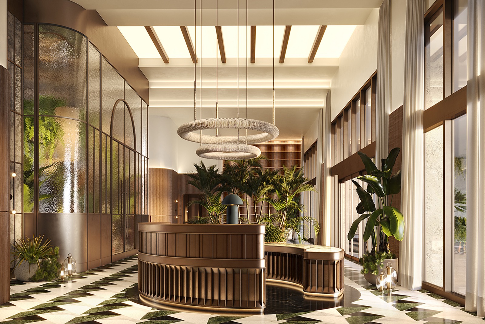 THE WELL Coconut Grove reception lobby rendering with restorative indoor garden design by Meyer Davis