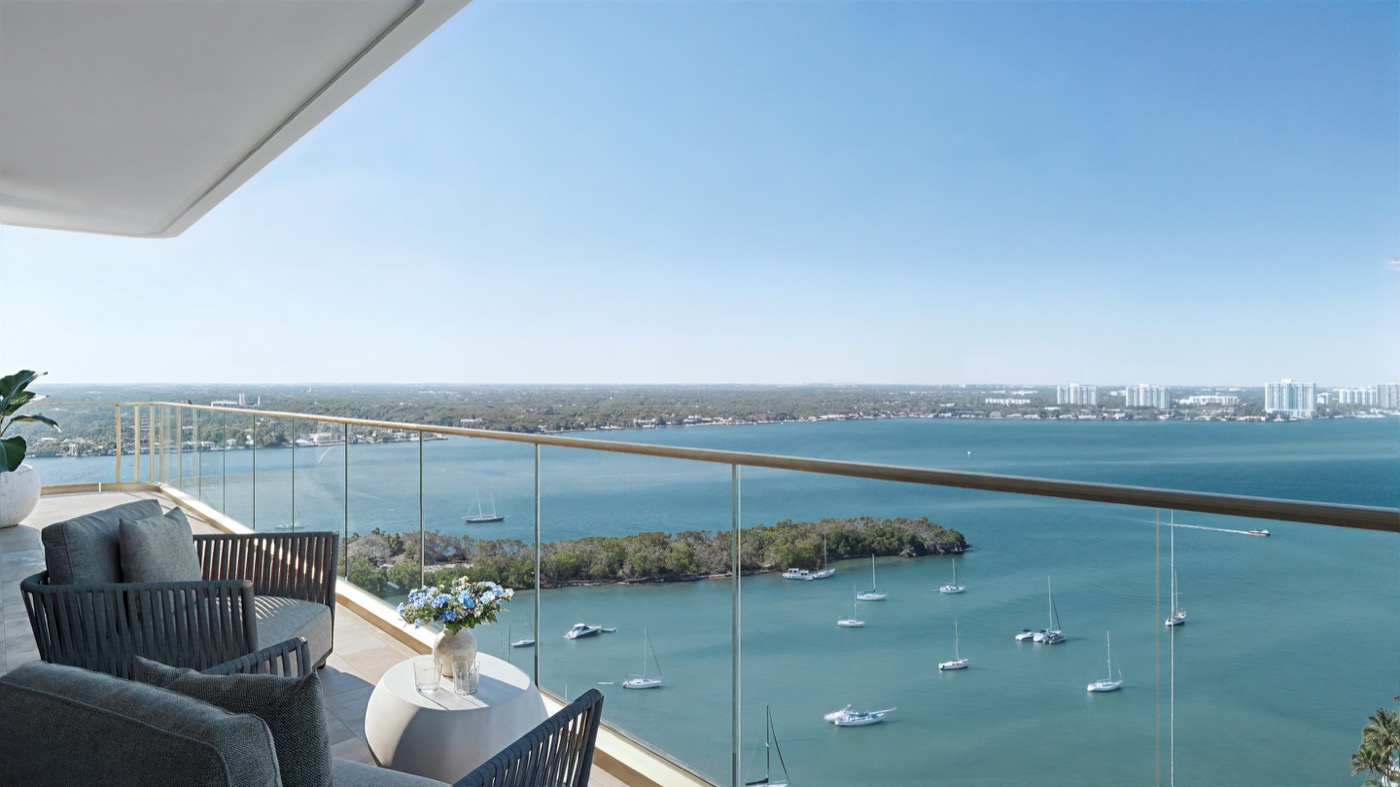 Tula Residences wraparound glass terrace rendering with bay and skyline views