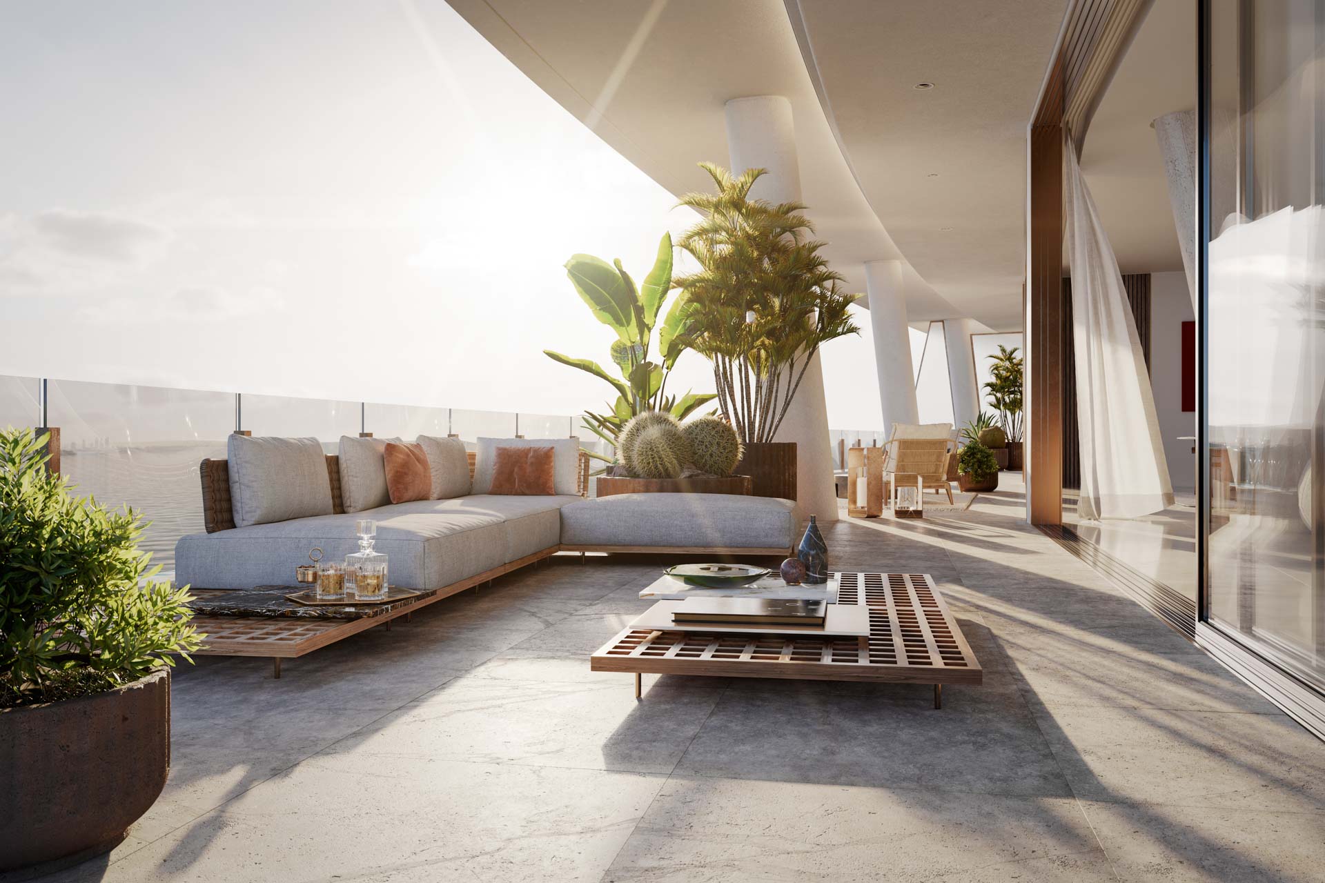 Vita at Grove Isle interior and balcony rendering with Biscayne Bay water views, Coconut Grove
