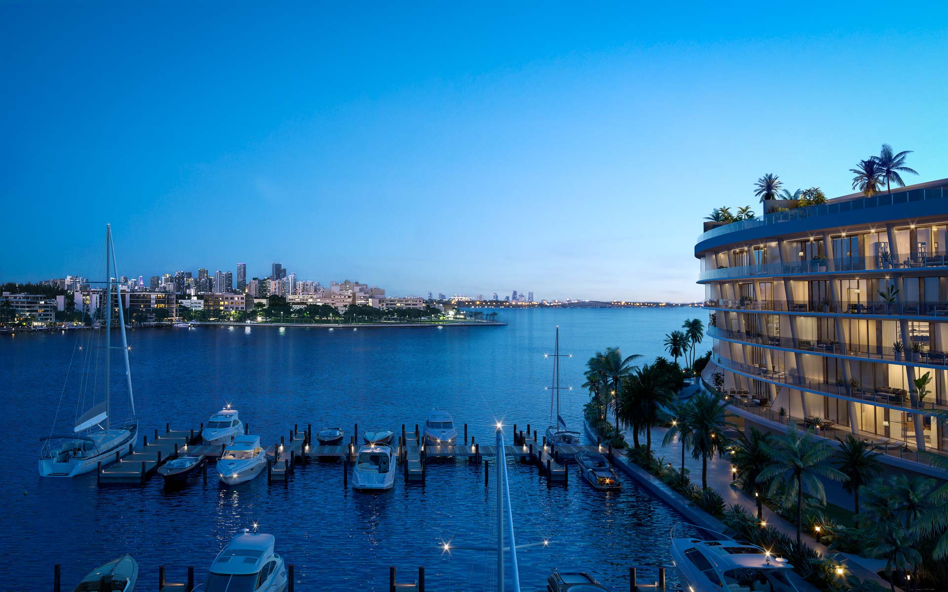 Vita at Grove Isle bayfront exterior rendering on Grove Isle in Biscayne Bay, Coconut Grove