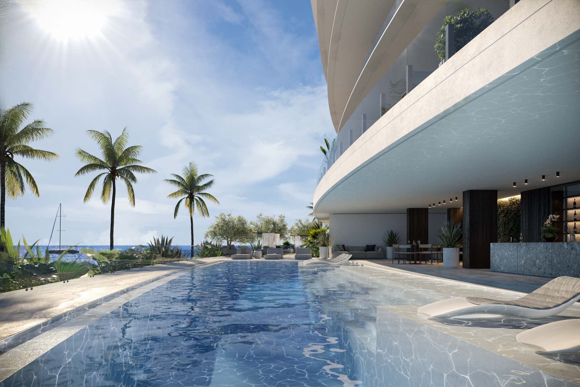 Vita at Grove Isle shoreline and Biscayne Bay waterfront rendering on Grove Isle, Coconut Grove