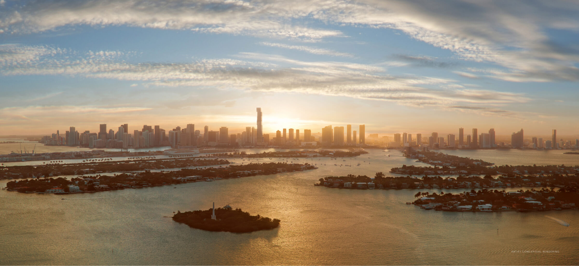 Waldorf Astoria Residences Miami tower at sunset over Biscayne Bay